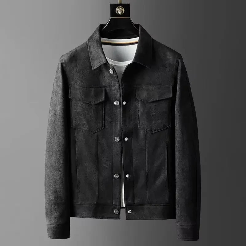 Men's Suede Trucker Jacket – Soft Western Snap-Button Overshirt – Charcoal