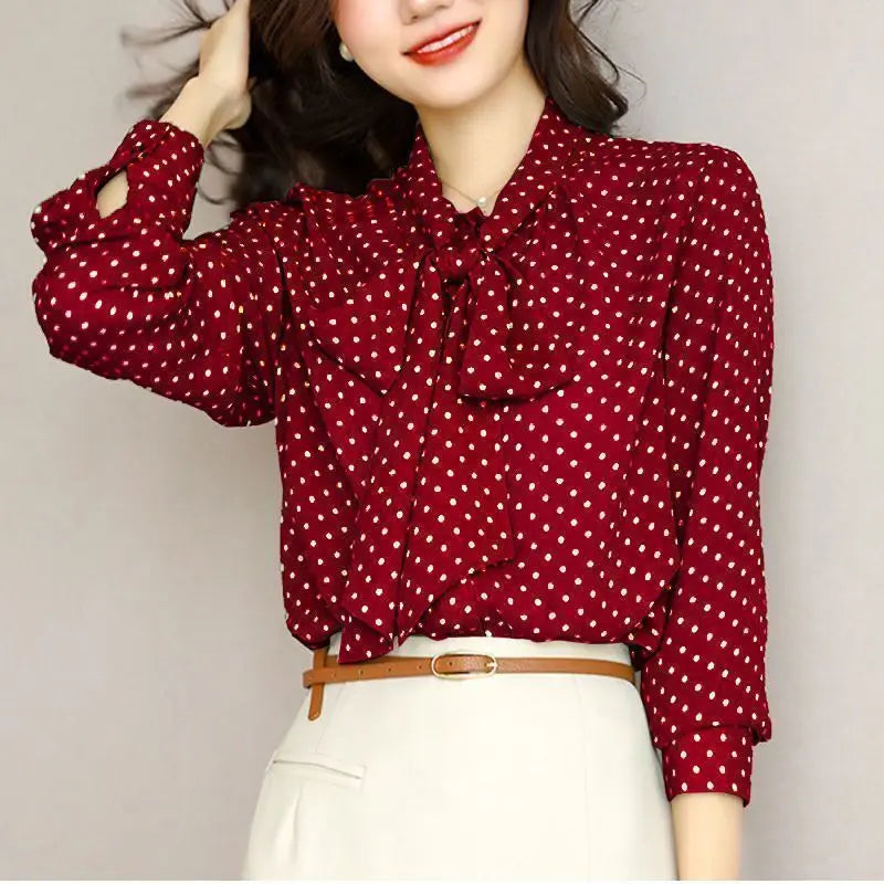 Women's Polka Dot Bow Blouse – Lightweight Shawl Collar Top