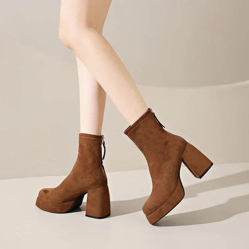 Women's Suede Heeled Ankle Booties – Block Heel, Back Zip