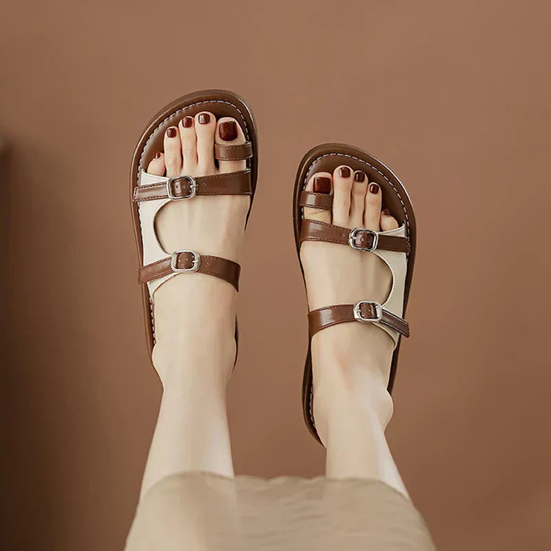 Women's Leather Side Panel Flats with Dual Buckle Detail