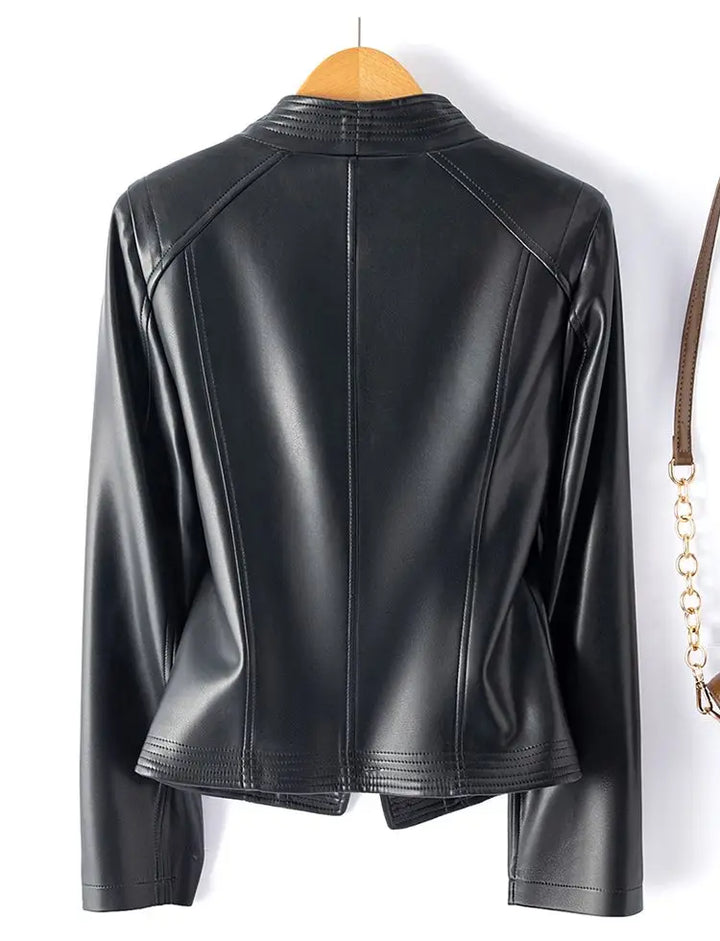 Women's Leather Moto Jacket – Asymmetric Zip Sheepskin Biker – view 4