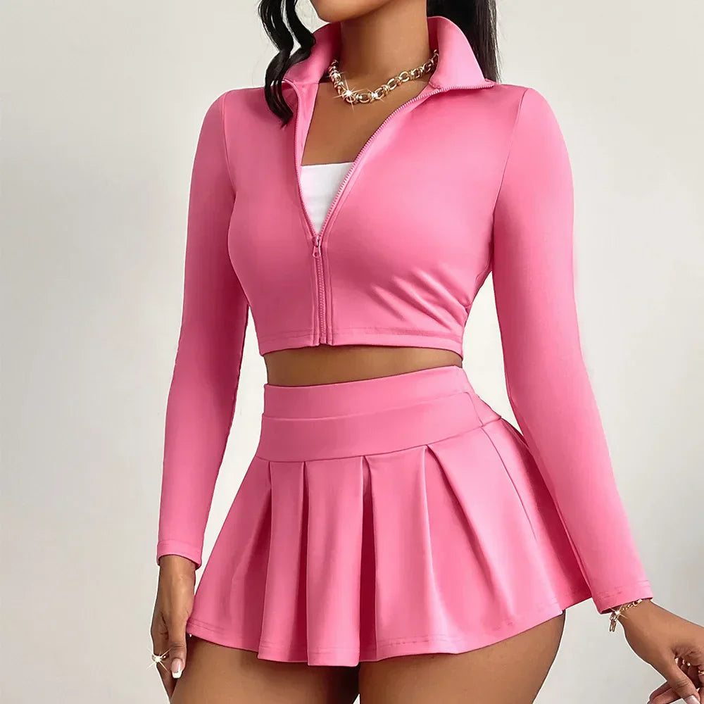 Women's Zip-Up Jacket & Pleated Skirt Set – Gym to Weekend