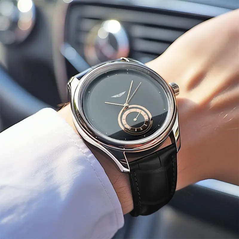 Men's Leather Strap Watch – Rose Gold Detail Quartz Dial – view 6