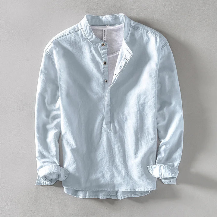 Men's Linen Blend Shirt – Relaxed Long Sleeve Summer Shirt – Sky Blue