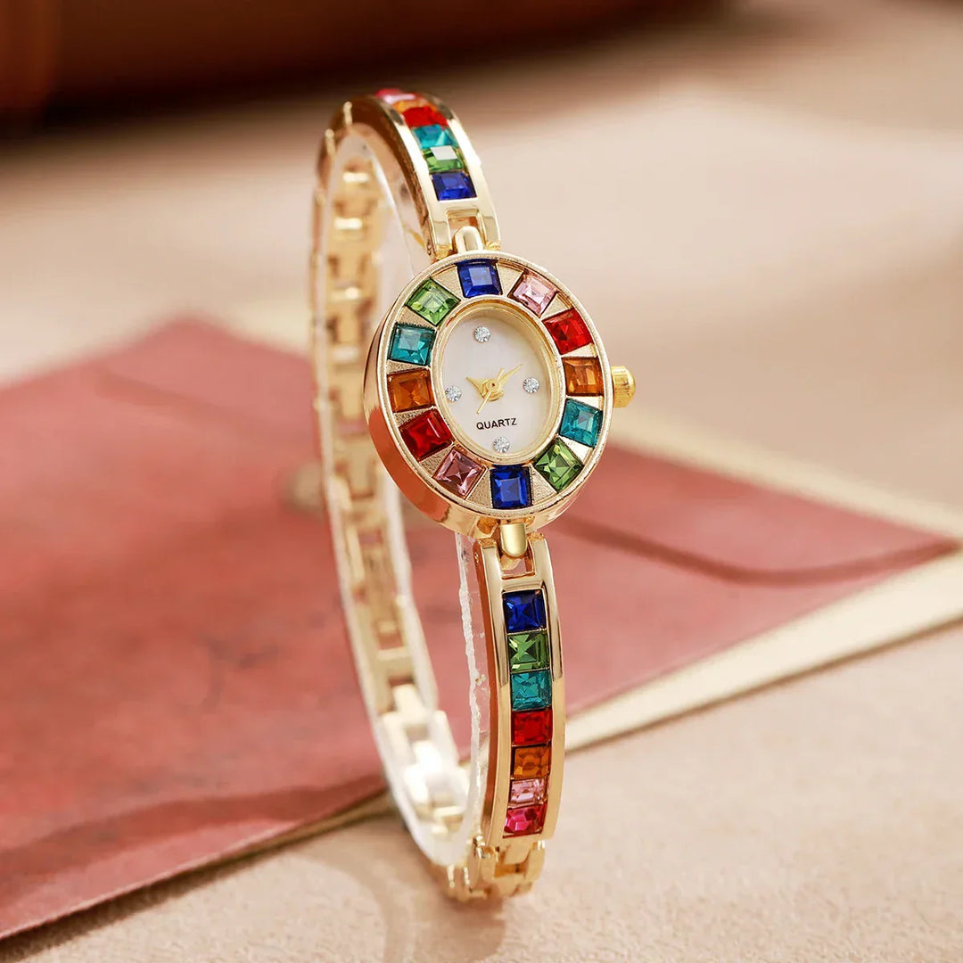 Women's Gold-Tone Crystal Watch – Rainbow Gems, Slim Oval Dial