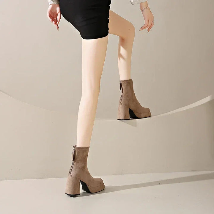 Women's Suede Heeled Ankle Booties – Block Heel, Back Zip