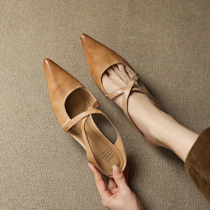 Women's Leather Cross-Strap Mules – Pointed Toe Low Heel – view 9