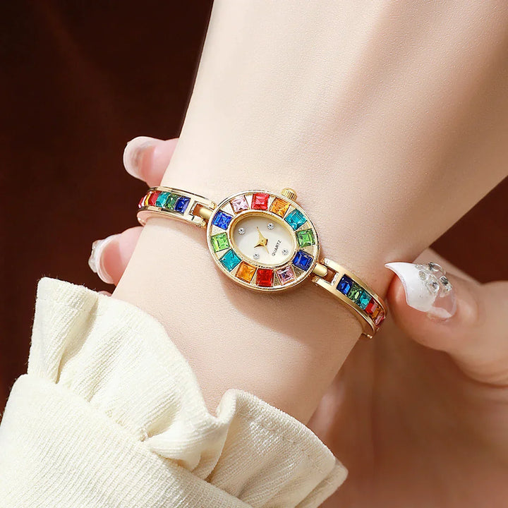 Women's Gold-Tone Crystal Watch – Rainbow Gems, Slim Oval Dial