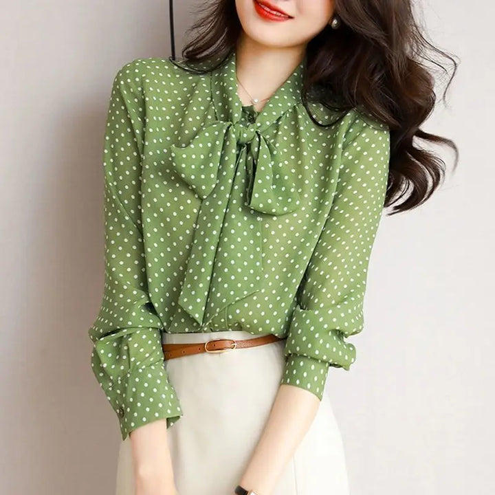 Women's Polka Dot Bow Blouse – Lightweight Shawl Collar Top