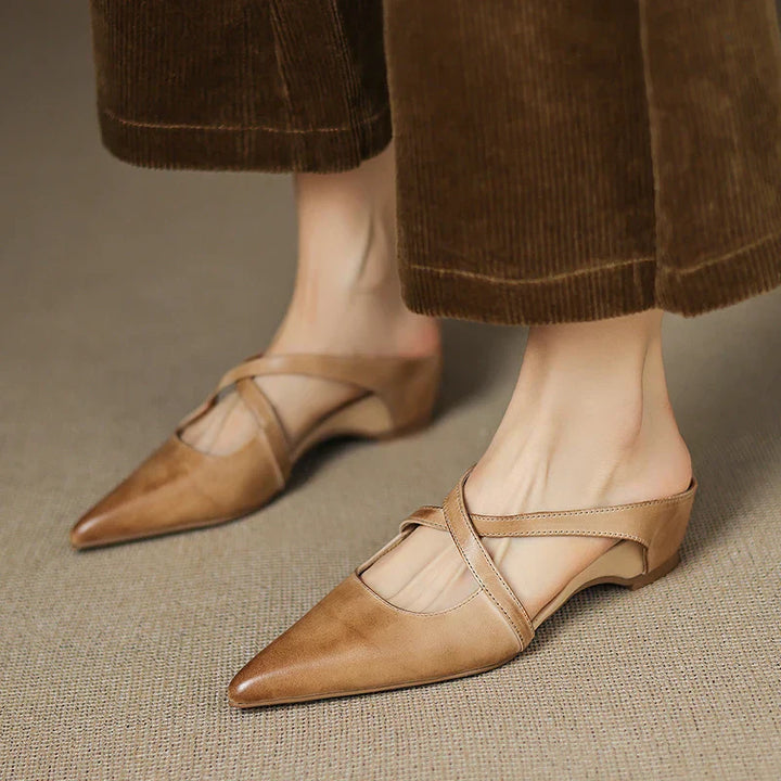 Women's Leather Cross-Strap Mules – Pointed Toe Low Heel – view 7