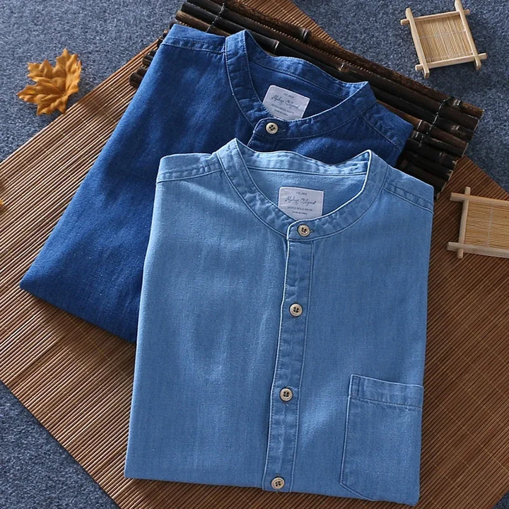 Men's Lightweight Denim Shirt – Short Sleeve Grandad Collar – view 4