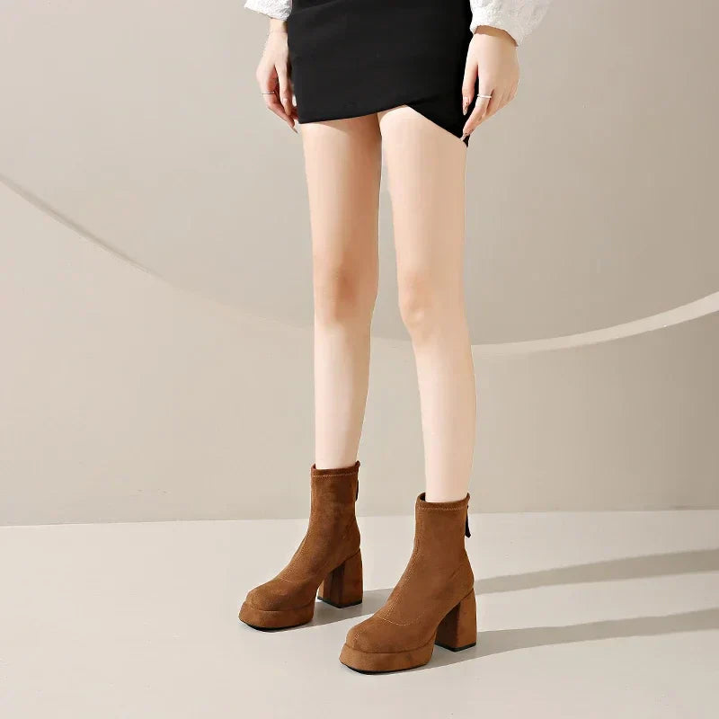 Women's Suede Heeled Ankle Booties – Block Heel, Back Zip