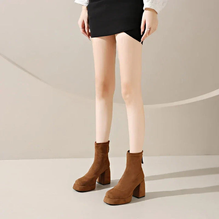 Women's Suede Heeled Ankle Booties – Block Heel, Back Zip