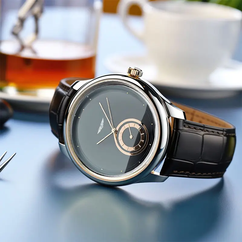 Men's Leather Strap Watch – Rose Gold Detail Quartz Dial – view 2