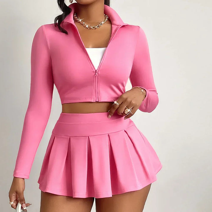 Women's Zip-Up Jacket & Pleated Skirt Set – Gym to Weekend