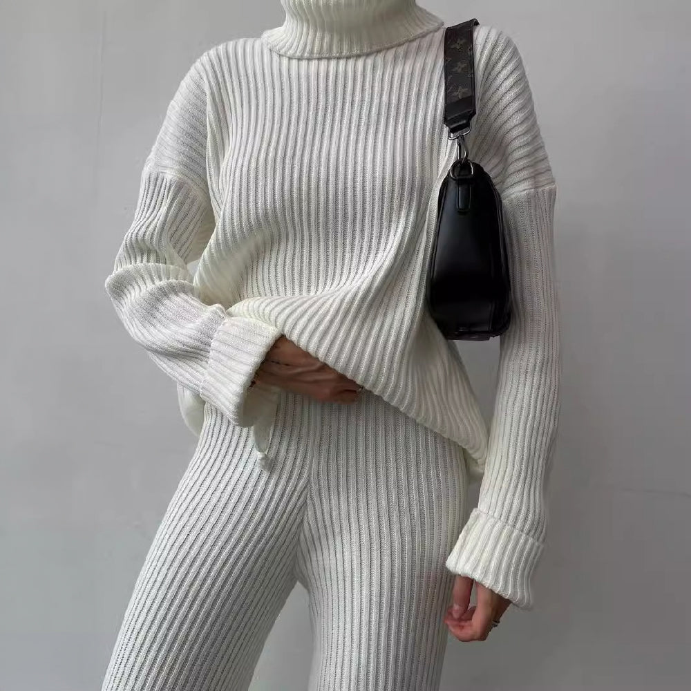 Women's Ribbed Knit Co-ord Set – Turtleneck Top & Trousers – view 3