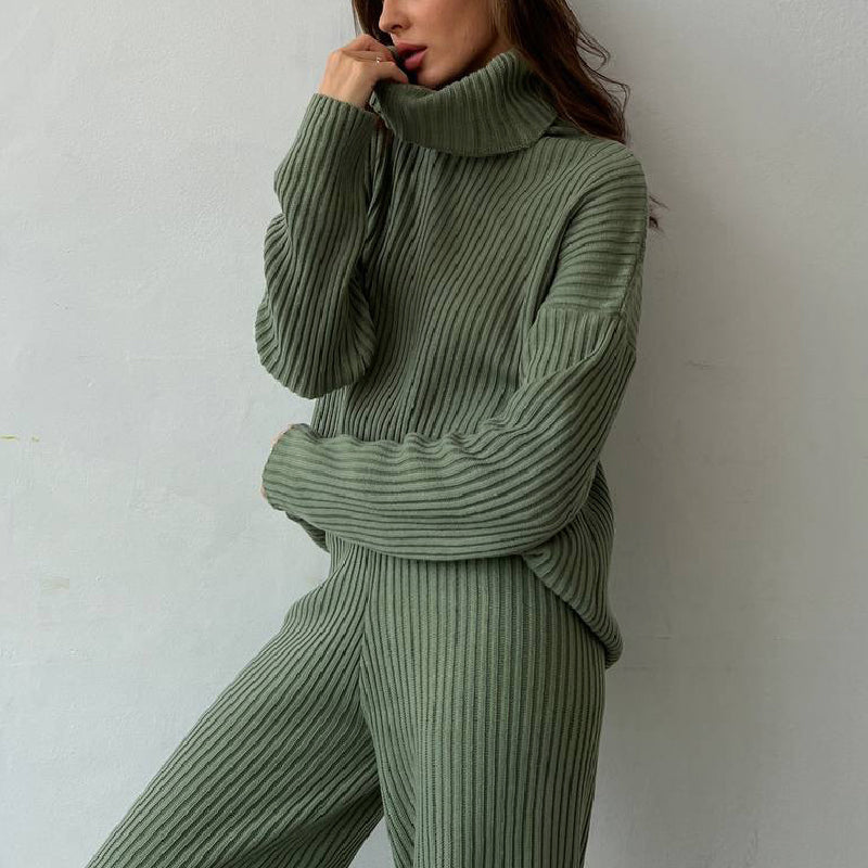 Women's Ribbed Knit Co-ord Set – Turtleneck Top & Trousers – view 2