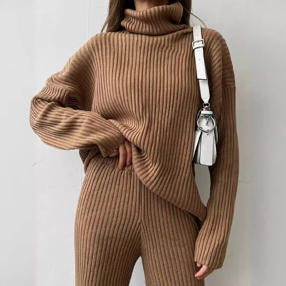 Women's Ribbed Knit Co-ord Set – Turtleneck Top & Trousers – view 7
