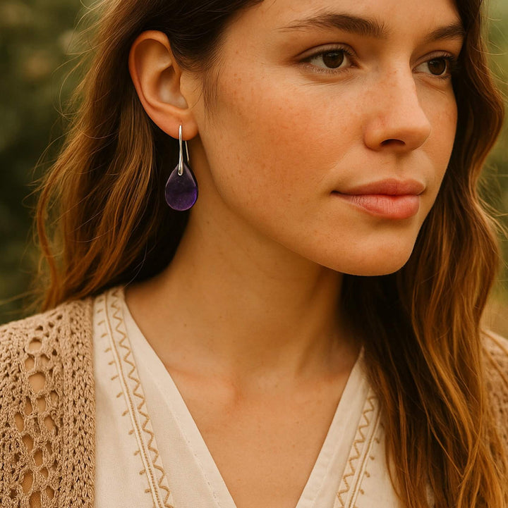 Women's Teardrop Amethyst Natural Stone Earrings – Gold & Silver – view 3
