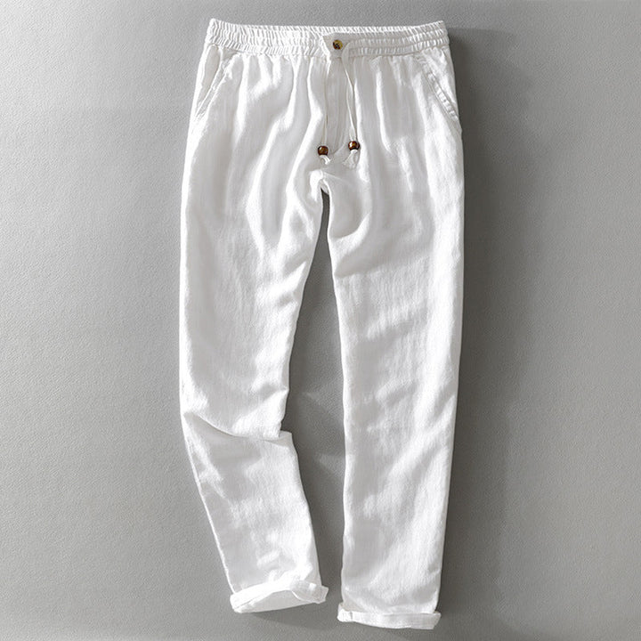 Men's Linen Blend Trousers – Relaxed Drawstring Summer Trousers – Navy