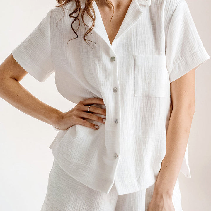 Women's Cotton-Linen PJ Set – Breathable Shirt & Shorts