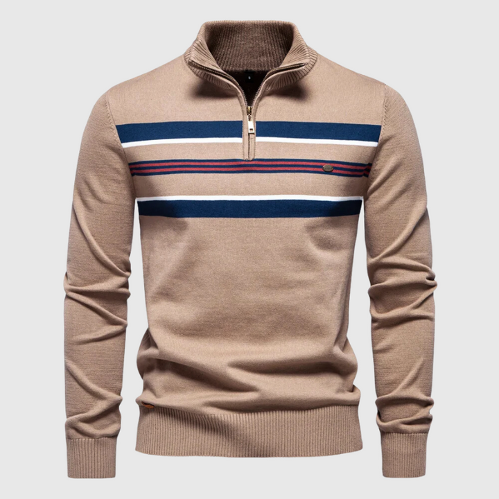 Men's Cotton Striped Jumper – Coastal Zip Collar Knit Pullover – view 3