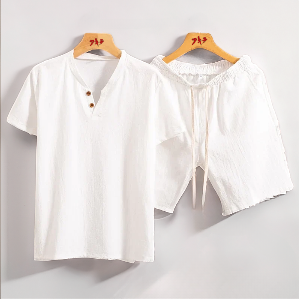 Men's Linen Two-Piece Set – Breathable Shirt and Trousers Co-ord – White