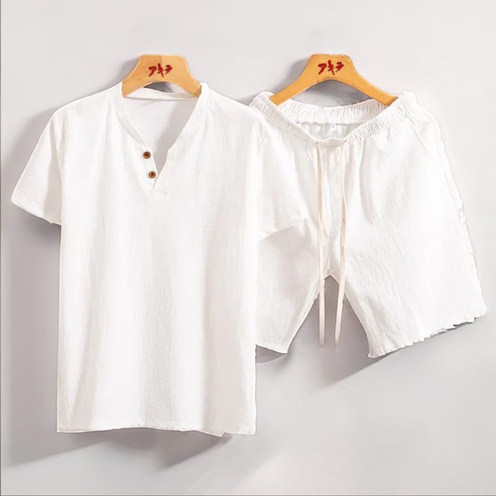 Men's Linen Two-Piece Set – Breathable Shirt and Trousers Co-ord – White