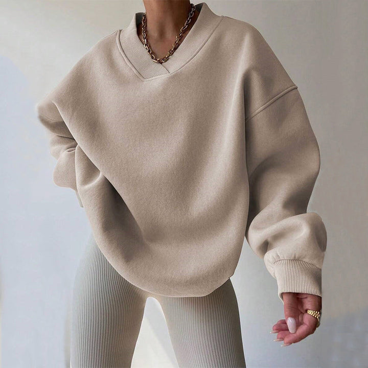 Women's Ribbed Cotton Jumper – Relaxed V-Neck Everyday Knit – Beige