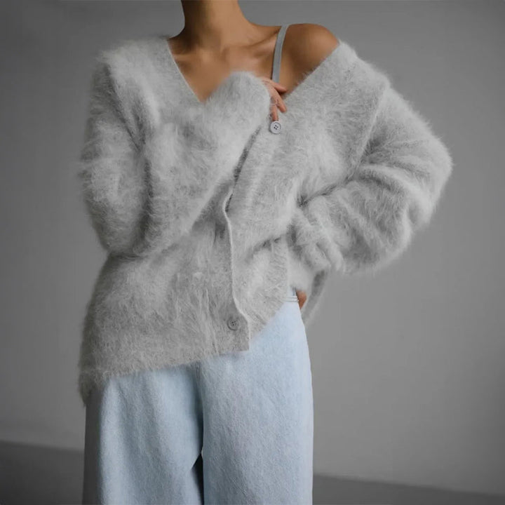 Women's Oversized Knit Cardigan – V-Neck Button-Front Layer – Beige
