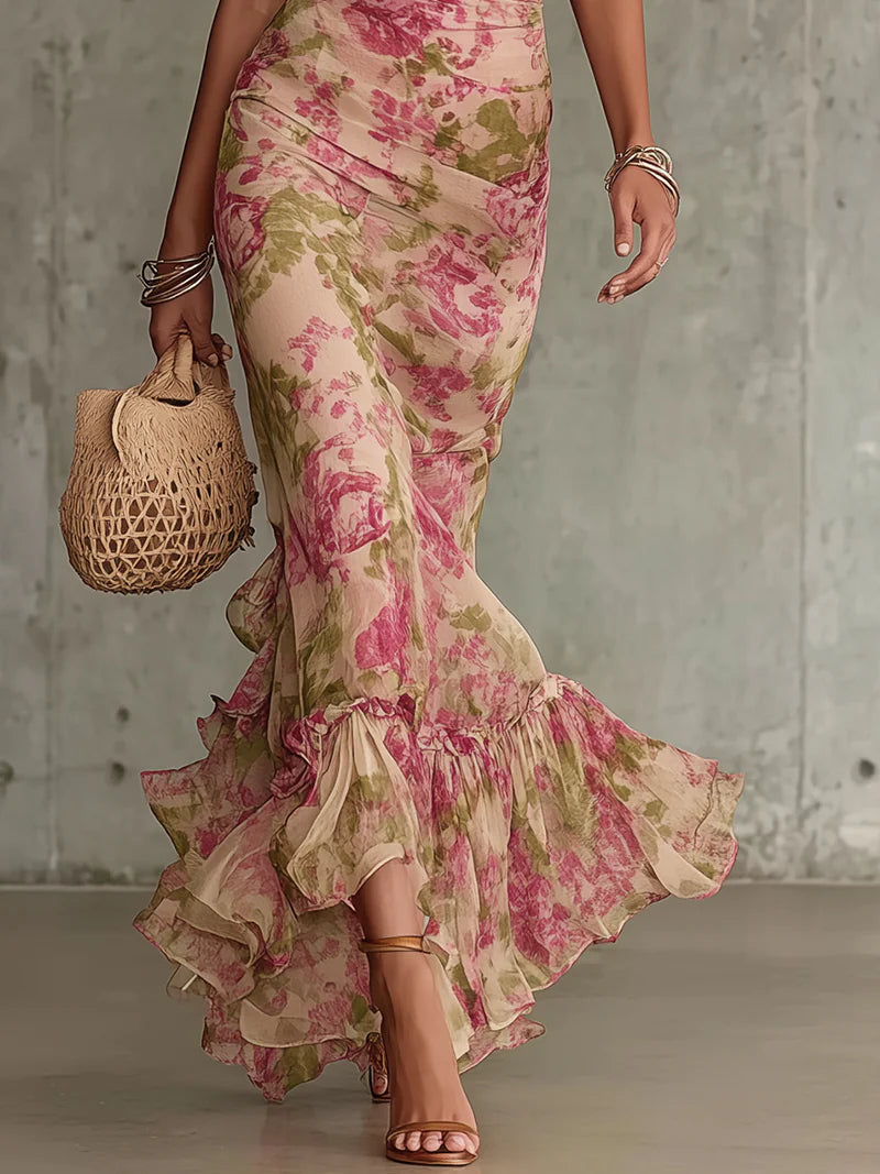 Women's Vintage Rose Print Puff Sleeve Maxi Dress - Effortless Style