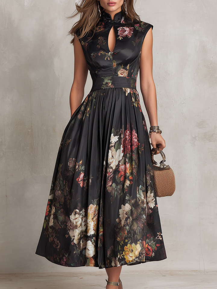 Women's Black Floral Satin Pleated Midi Dress - Summer Soiree