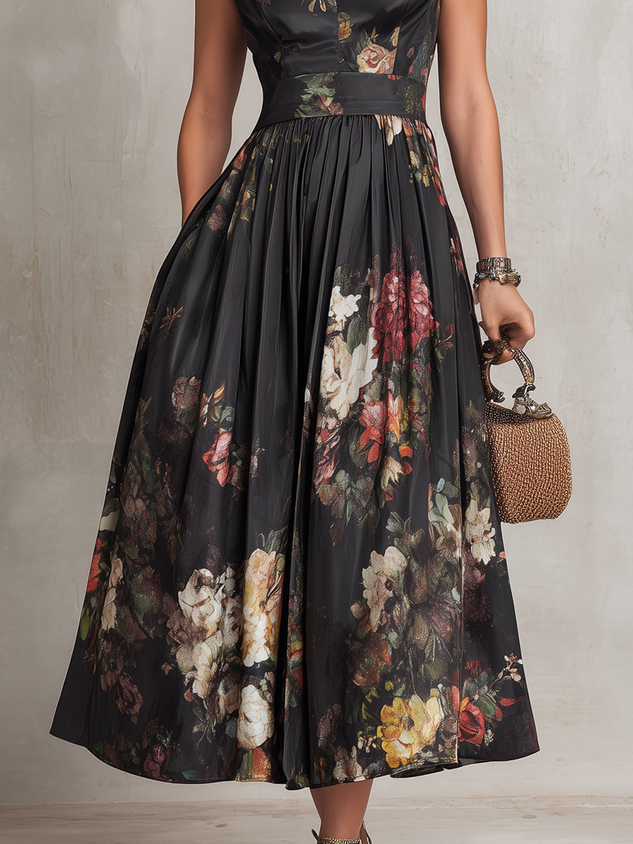 Women's Black Floral Satin Pleated Midi Dress - Summer Soiree