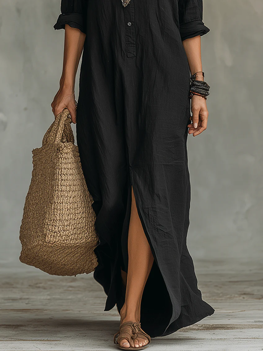 Women's Flowing Maxi Dress with Buttons - Effortless Elegance