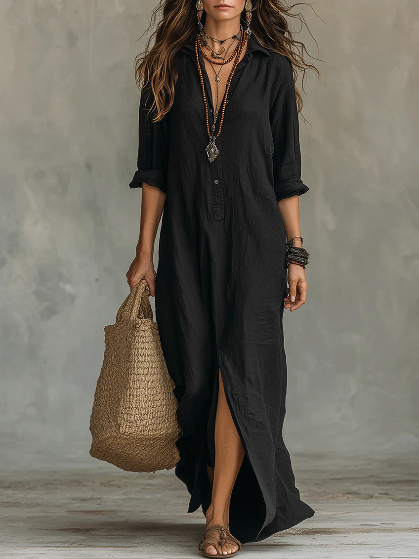 Women's Flowing Maxi Dress with Buttons - Effortless Elegance