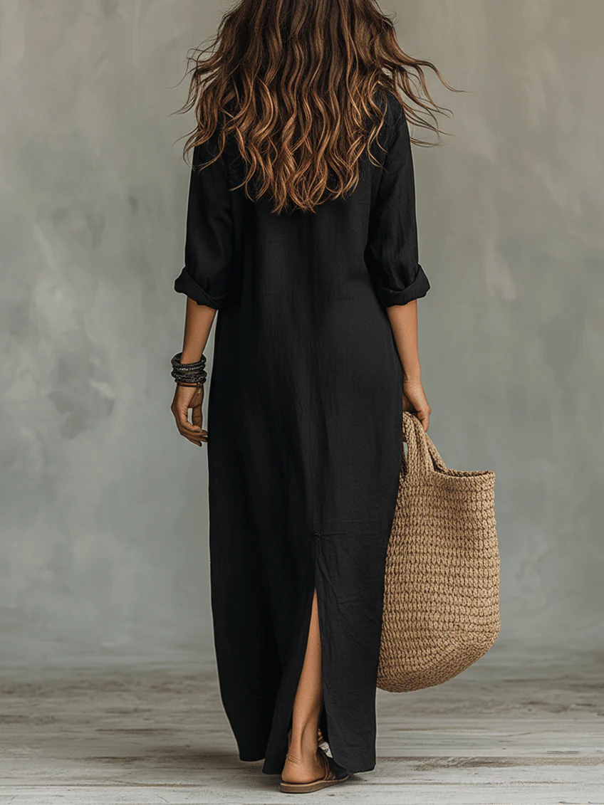 Women's Button-Front Maxi Dress - Flattering Silhouette for Everyday