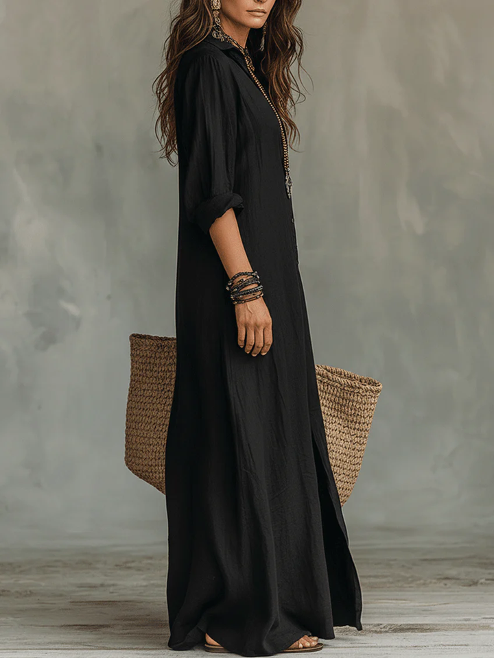 Women's Flowing Maxi Dress with Buttons - Effortless Elegance