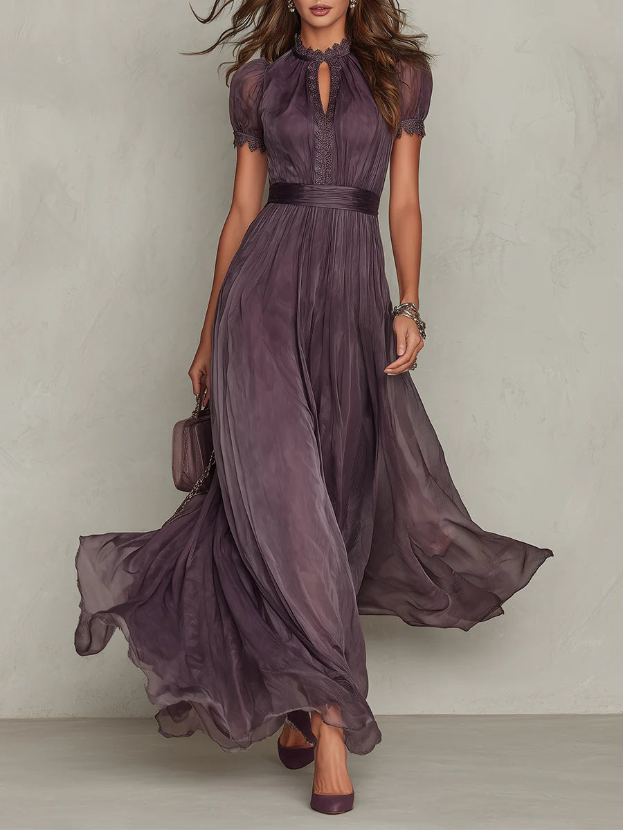 Women's Chiffon Maxi Dress - Lace-Trimmed Evening Wear