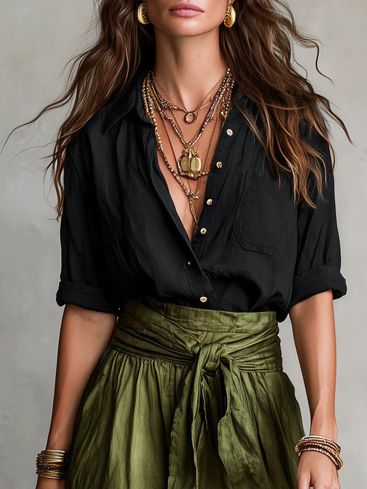 Women's Two-Piece Set - Black Top and Olive Green Midi Skirt