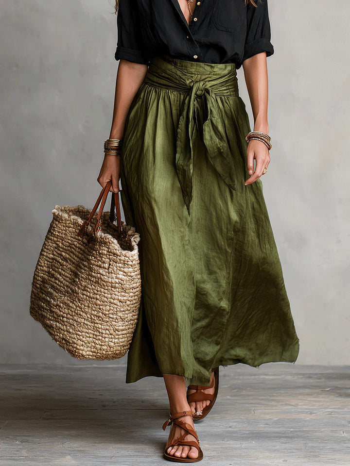 Women's Two-Piece Set - Black Top and Olive Green Midi Skirt