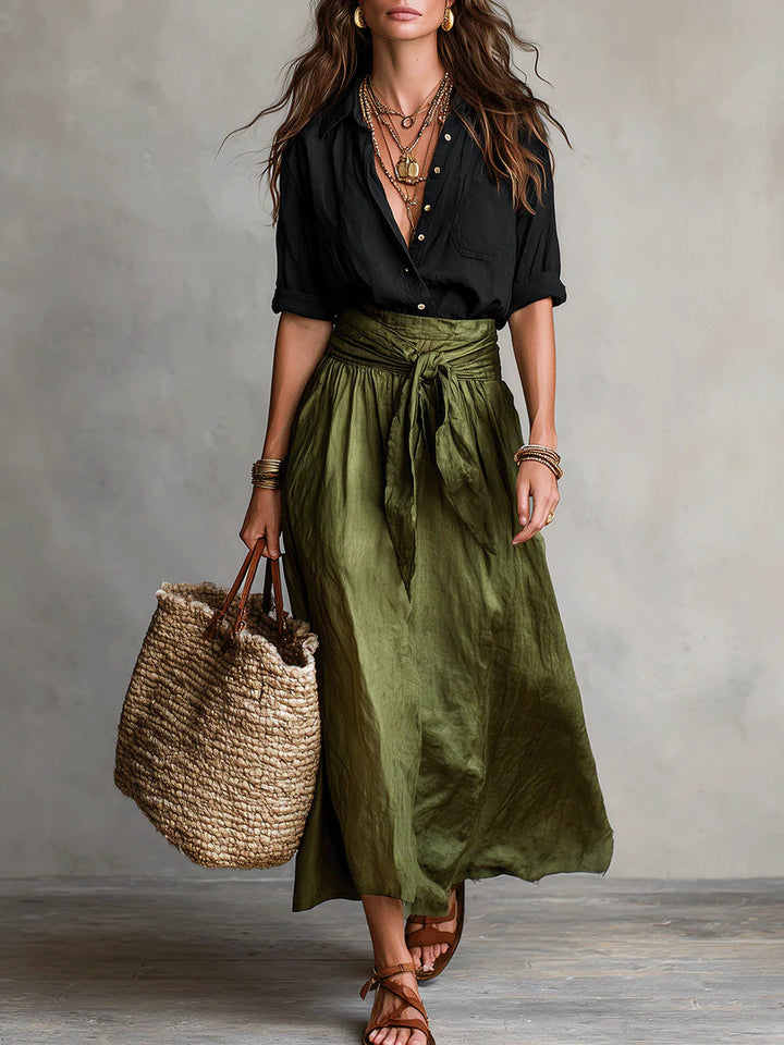 Women's Vera Two-Piece Set - Black Top & Olive Green Midi Skirt