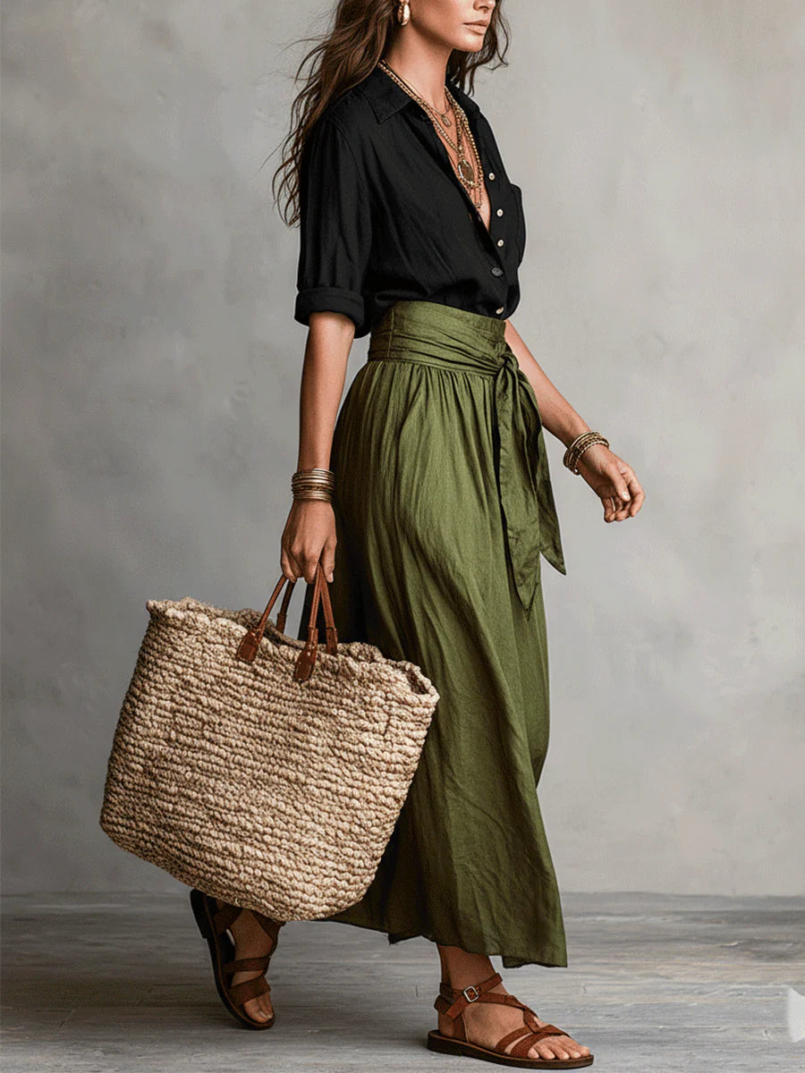 Women's Two-Piece Set - Black Top and Olive Green Midi Skirt