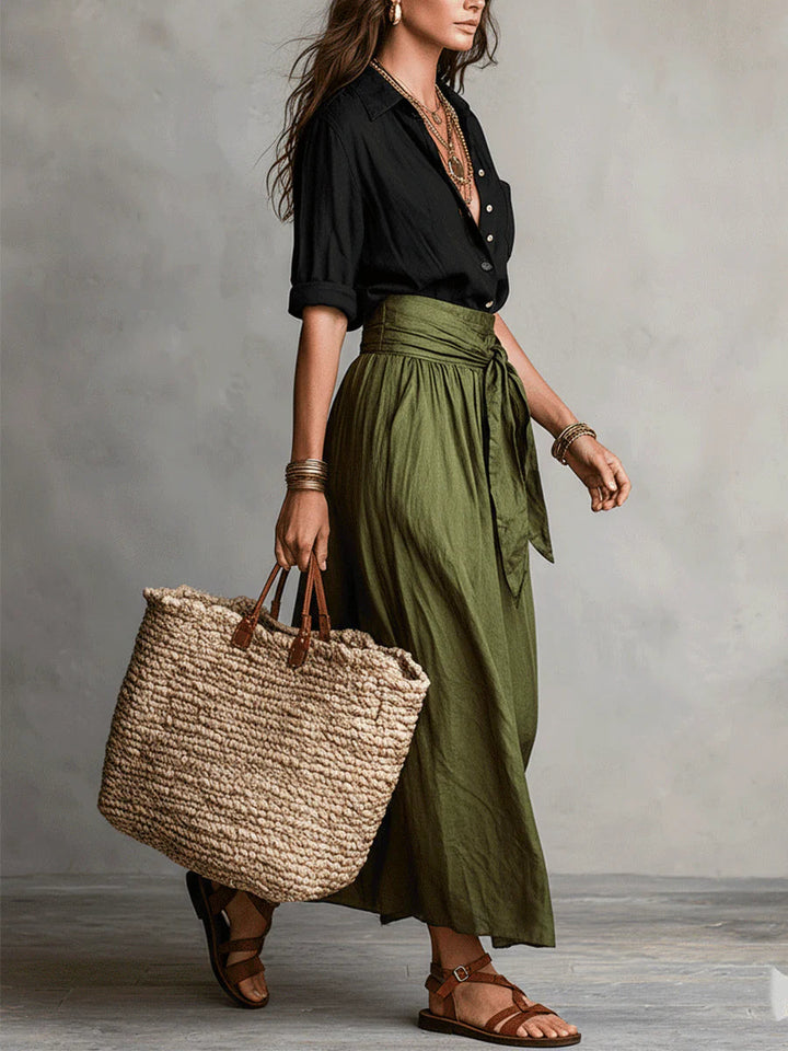 Women's Two-Piece Set - Black Top and Olive Green Midi Skirt