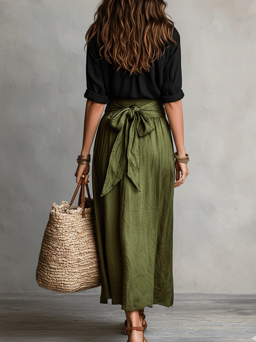 Women's Two-Piece Set - Black Top and Olive Green Midi Skirt