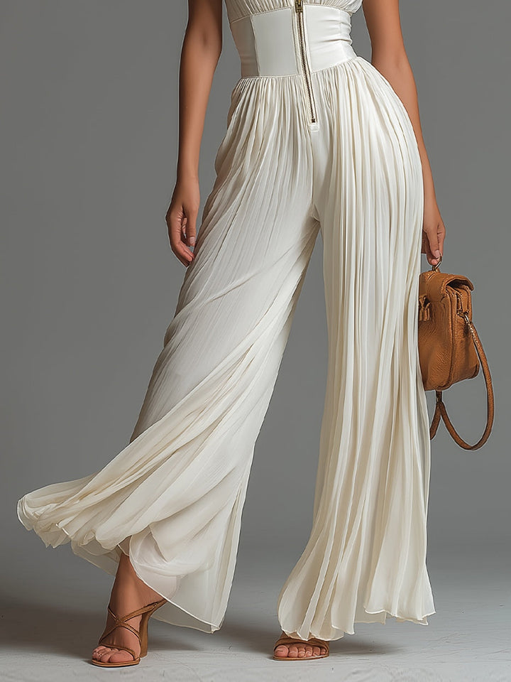 Women's White Chiffon Wide Leg Jumpsuit - Pleated V-Neck Elegance