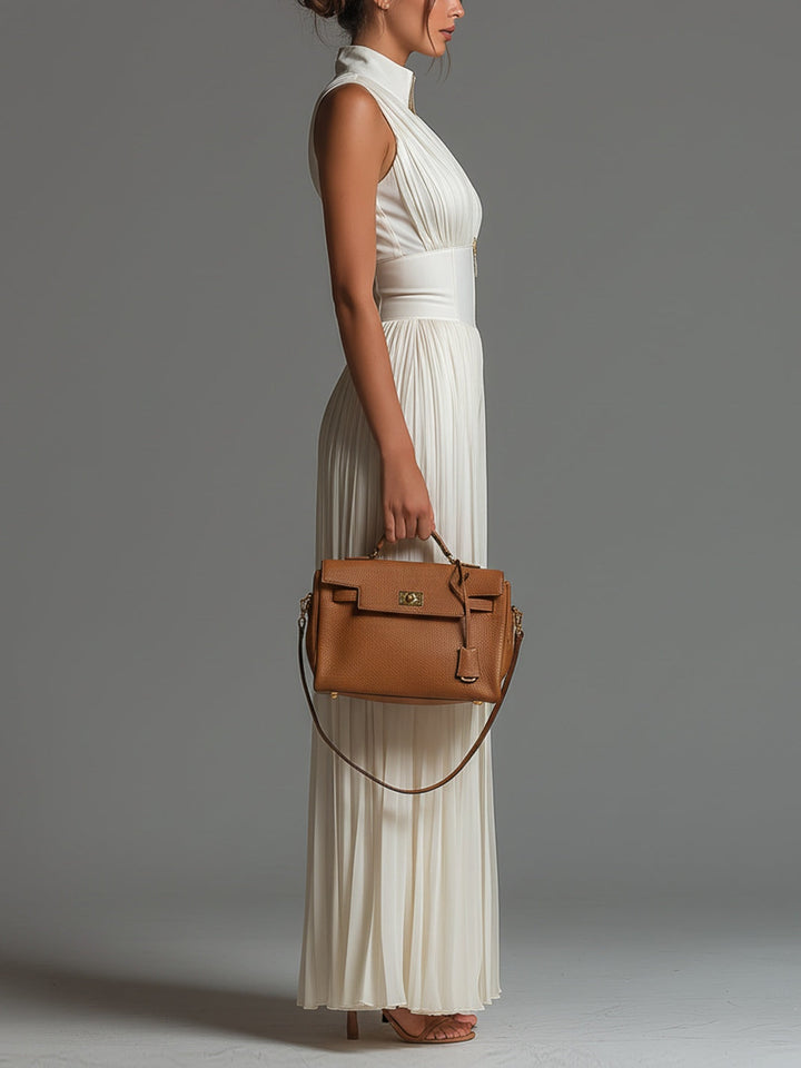 Women's White V-neck Sleeveless Zip-up Pleated Wide-leg Jumpsuit