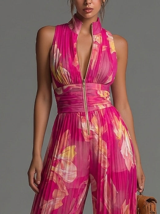 Women's Floral Pleated Chiffon Jumpsuit - Evening Date Ready