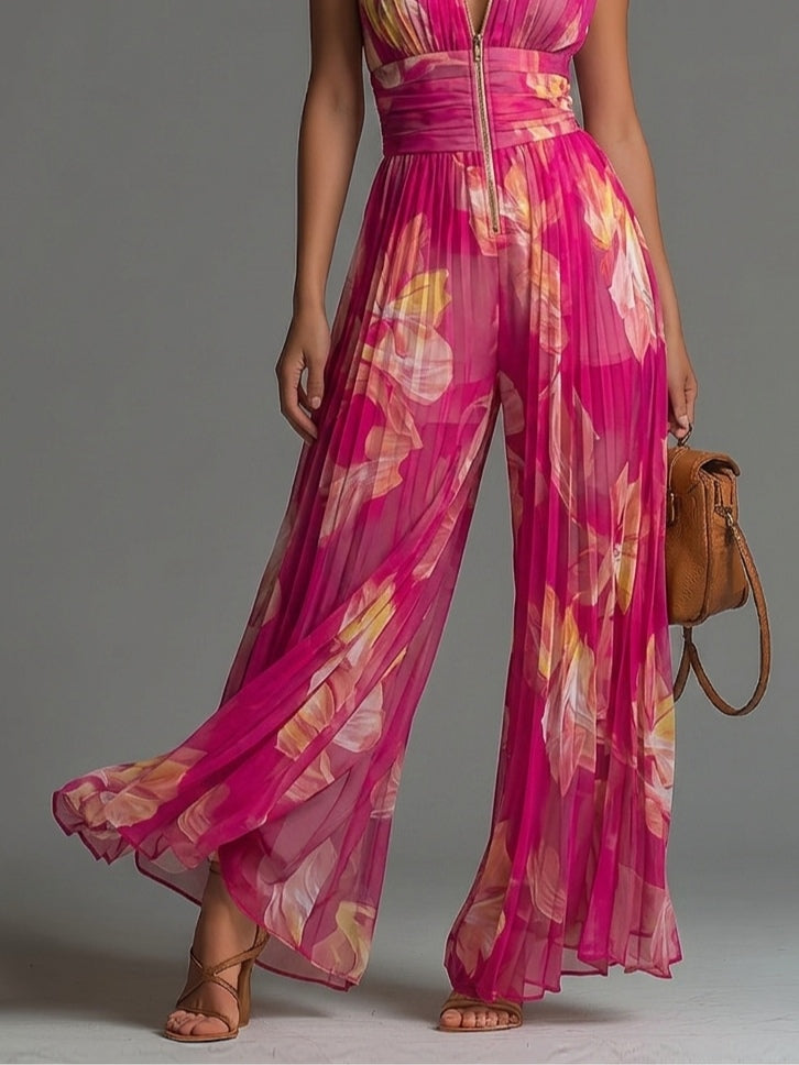 Women's Fuchsia Floral Pleated Chiffon Jumpsuit - Evening & Date Night