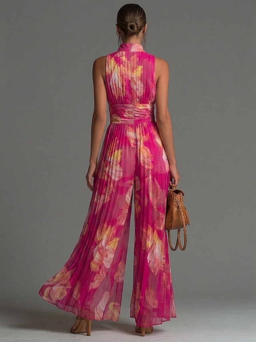Women's Floral Pleated Chiffon Jumpsuit - Evening Elegance