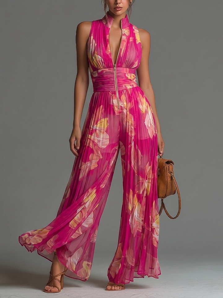 Women's Floral Pleated Chiffon Jumpsuit - Evening Elegance